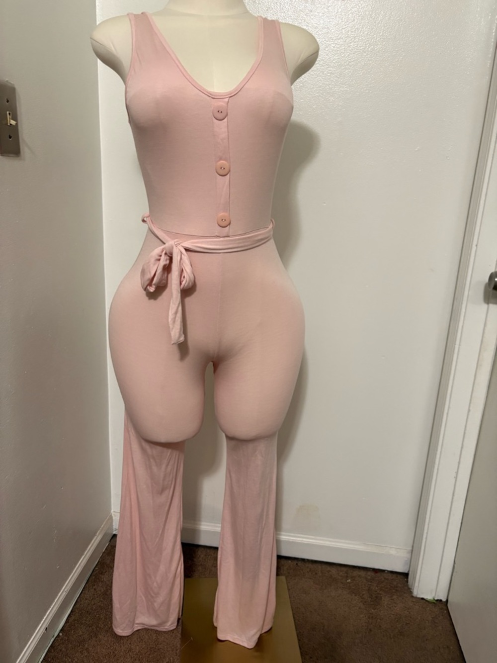 Light Pink Button-Front Sleeveless Jumpsuit with Tie Waist NWOT Large